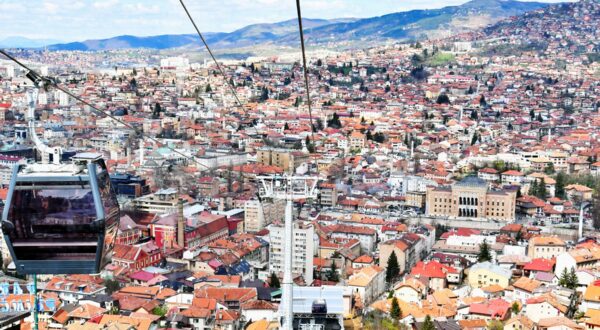 This photo taken on April 6, 2018 in Sarajevo shows a view from the newly-reopened Sarajevo cable car.  Sarajevo's cable car, connecting Sarajevo Old Town with Vidikovac on Mount Trebevic was officially opened in 1959 and was one of city's iconic sites, until it was destroyed during 1992-95 siege of the city. With local efforts, coupled with financial help from various donors from abroad, the Sarajevo cable car was reconstructed and officially reopened, 26 years later.,Image: 367868695, License: Rights-managed, Restrictions: , Model Release: no, Credit line: ELVIS BARUKCIC / AFP / Profimedia