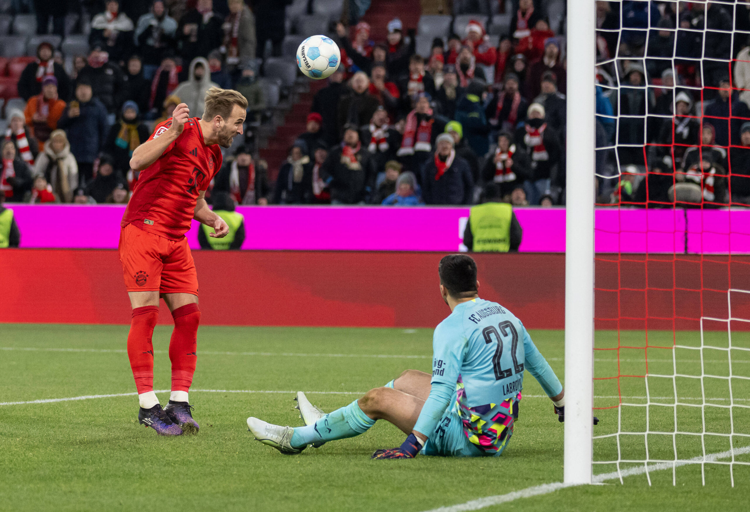 Sport Bilder des Tages Harry Kane FC Bayern Muenchen, 9 bei seinem Tor zum 3:0 gegen Nediljko Labrovic Torwart, FC Augsburg, 22. GER, FC Bayern Muenchen gegen FC Augsburg, Fussball, Bundesliga, 11. Spieltag, Spielzeit 2024/2025, 22.11.2024. DFL DFB REGULATIONS PROHIBIT ANY USE OF PHOTOGRAPHS as IMAGE SEQUENCES and or QUASI-VIDEO. GER, FC Bayern Muenchen gegen FC Augsburg, Fussball, Bundesliga, 11. Spieltag, Spielzeit 2024/2025, 22.11.2024. Muenchen *** Harry Kane FC Bayern Muenchen, 9 on his goal for 3 0 against Nediljko Labrovic Goalkeeper, FC Augsburg, 22 GER, FC Bayern Muenchen vs FC Augsburg, Football, Bundesliga, Matchday 11, Season 2024 2025, 22 11 2024 DFL DFB REGULATIONS PROHIBIT ANY USE OF PHOTOGRAPHS as IMAGE SEQUENCES and or QUASI VIDEO GER, FC Bayern Muenchen vs FC Augsburg, Football, Bundesliga, Matchday 11, Season 2024 2025, 22 11 2024 Muenchen Copyright: xEibner-Pressefoto/HeikexFeinerx EP_HFR