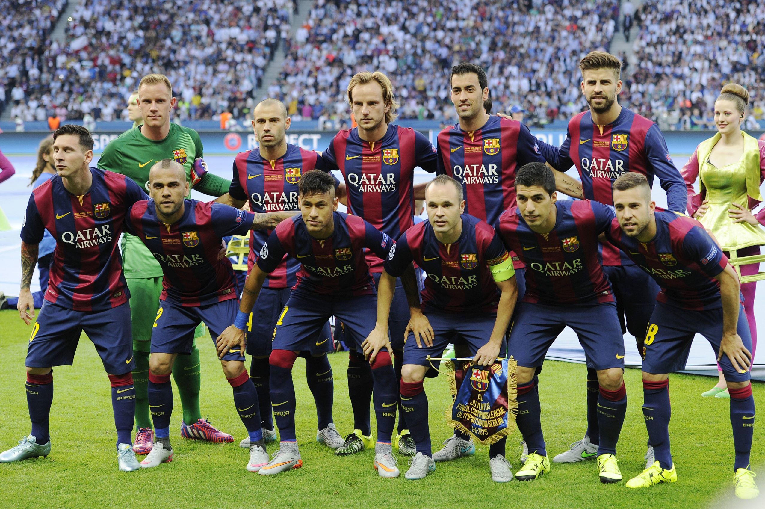 Teamfoto,Team,Mannschaft,Mannschaftsfoto,hi.v.li:Marc Andre Ter STEGEN,Torwart FC Barcelona Barca ,Javier MASCHERANO (FC Barcelona),Ivan RAKITIC (FC Barcelona),Sergio Busquets (FC Barcelona),Gerard PIQUE (FC Barcelona), vorne v.li:Lionel MESSI (FC Barcelona),Dani (Daniel) ALVES (FC Barcelona),NEYMAR (FC Barcelona),Andres INIESTA (FC Barcelona),Luis SUAREZ (FC Barcelona),Jordi ALBA (FC Barcelona), Fussball Champions League Finale 2015 Juventus Turin-FC Barcelona 1-3. Saison2014 15, am 06.06.2015,O LY M P I A S T A D I O N B E R L I N.