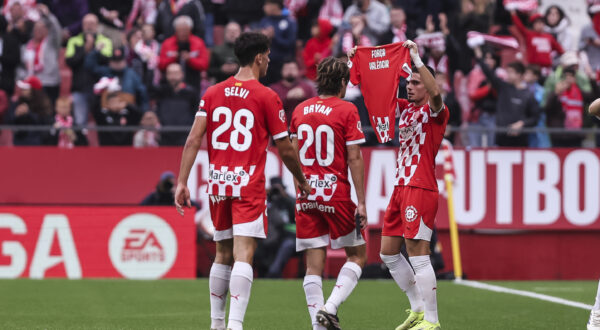 Miguel Gutierrez of Girona FC celebrates a goal shows a t-shirt in support of victims in valencia during the Spanish league, La Liga EA Sports, football match played between Girona FC and CD Leganes at Estadio de Montilivi on November 02, 2024 in Girona, Spain. AFP7 02/11/2024 (Europa Press via AP)