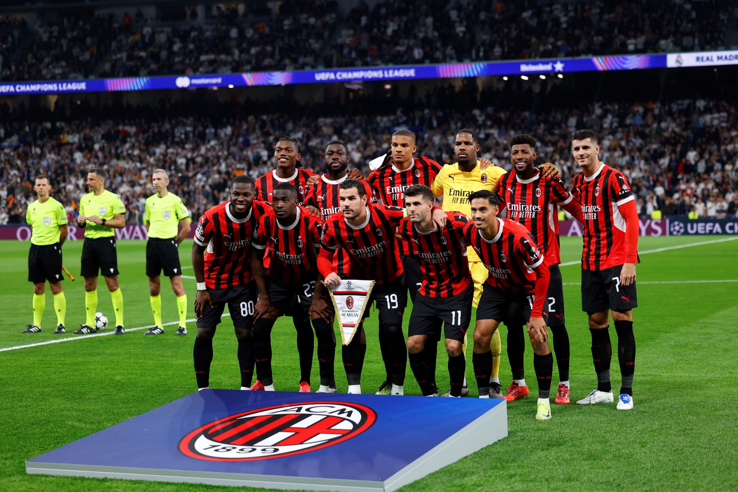 Players of AC Milan pose for photo during the UEFA Champions League 2024/25 League Phase MD4 match between Real Madrid CF and AC Milan at Estadio Santiago Bernabeu on November 5, 2024, in Madrid, Spain. AFP7 05/11/2024 (Europa Press via AP) Real Madrid CF v AC Milan - UEFA Champions League 2024/25 League Phase MD4