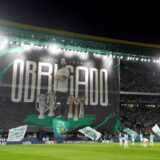 A giant banner is unfurled with a picture of Sporting's head coach Ruben Amorim and the Portuguese word for Thank You before the Champions League opening phase soccer match between Sporting CP and Manchester City at the Alvalade stadium in Lisbon, Tuesday, Nov. 5, 2024. (AP Photo/Armando Franca) Portugal Soccer Champions League