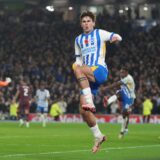 Brighton's Matt O'Riley reacts after scoring during the English Premier League soccer match between Brighton and Manchester City at Falmer Stadium in Brighton, England, Saturday, Nov. 9, 2024. (AP Photo/Alastair Grant) Britain Soccer Premier League