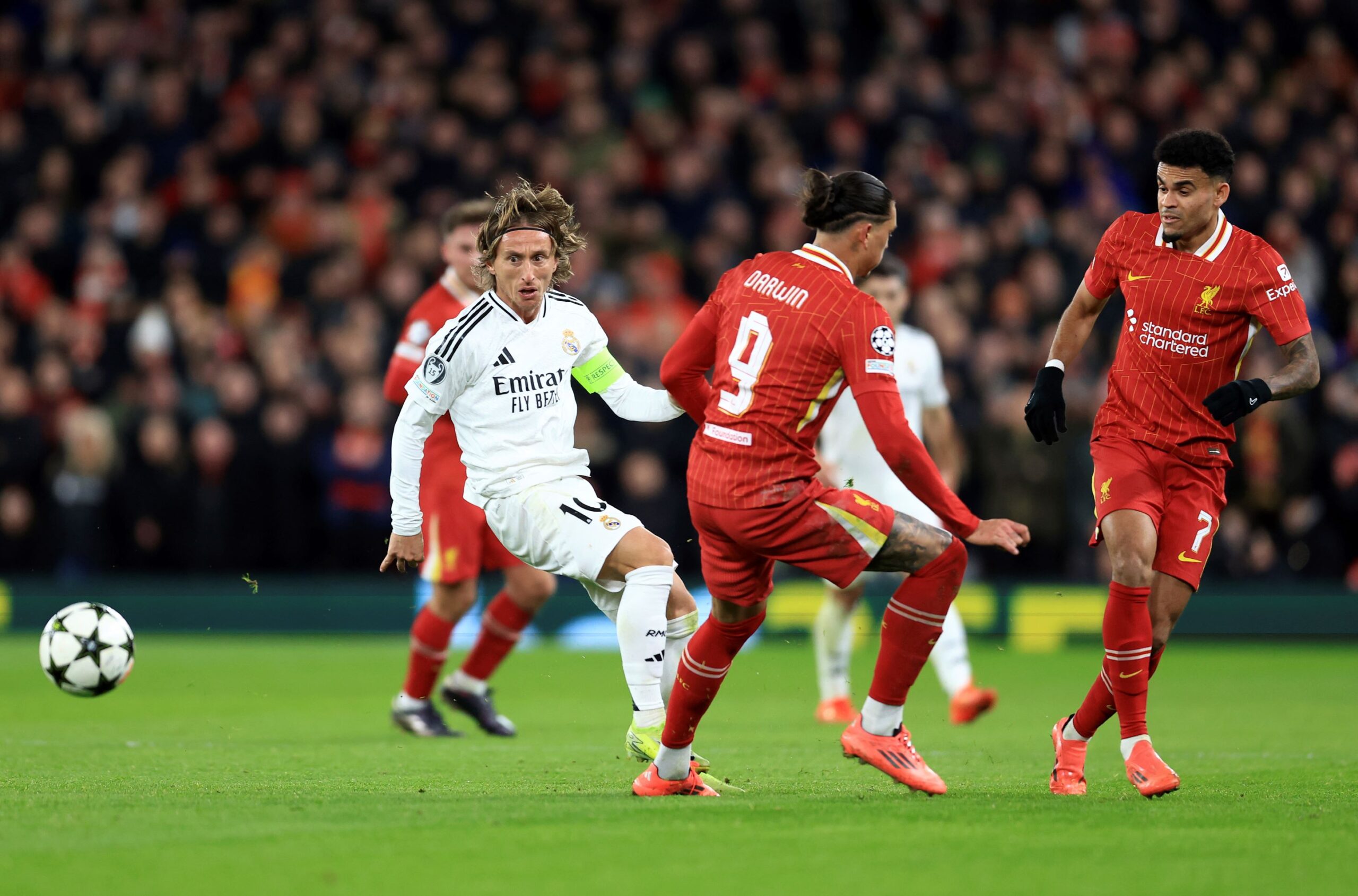 November 27, 2024, Liverpool: Liverpool, England, 27th November 2024. Real Madrid's Luka Modric during the UEFA Champions League match at Anfield, Liverpool. (Credit Image: Â© Jessica Hornby/Sportimage/Cal Sport Media) (Cal Sport Media via AP Images) Liverpool v Real Madrid - UEFA Champions League - Anfield
