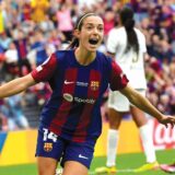 FILE - Barcelona's Aitana Bonmati celebrates after scoring the opening goal during the women's Champions League final soccer match between FC Barcelona and Olympique Lyonnais at the San Mames stadium in Bilbao, Spain, Saturday, May 25, 2024. (AP Photo/Alvaro Barrientos, File)