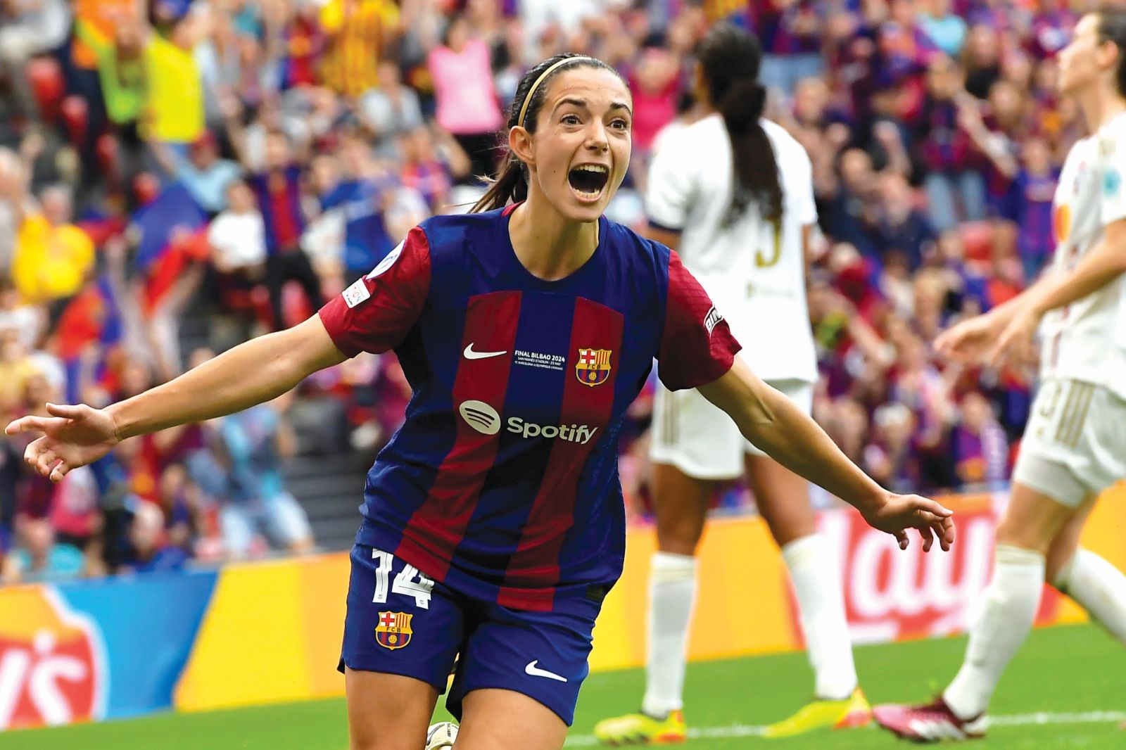 FILE - Barcelona's Aitana Bonmati celebrates after scoring the opening goal during the women's Champions League final soccer match between FC Barcelona and Olympique Lyonnais at the San Mames stadium in Bilbao, Spain, Saturday, May 25, 2024. (AP Photo/Alvaro Barrientos, File)