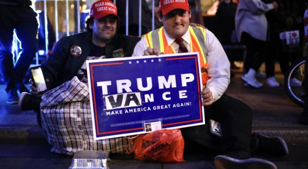 November 6, 2024, New York, United States: Trump supporters watch the results of the 2024 U.S. presidential elections on the giant screen set up on Rockefeller plaza, Manhattan, New York. The US presidential election pitting Democratic candidate Kamala Harris against Republican candidate Donald Trump took place on Tuesday, November 5. In New York, a liberal state that has voted for the Democratic candidate in presidential elections since 1988, voters followed the results on Rockefeller Plaza as they come in all night long. As the evening progressed, more and more Trump supporters rejoiced at the states won by their candidate.,Image: 931047327, License: Rights-managed, Restrictions: , Model Release: no, Credit line: Apolline Guillerot-Malick / Zuma Press / Profimedia