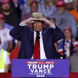 epa11701974 Republican presidential candidate and former US President Donald Trump gestures as he speaks during a campaign rally in Grand Rapids, Michigan, USA, 04 November 2024. Trump and Vice President and Democratic presidential nominee Kamala Harris are tied in the polls with one day until the election of 05 November.  EPA/CJ GUNTHER