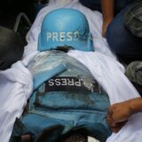 GAZA CITY, GAZA - (ARCHIVE): A file photo dated October 10, 2023, shows a press vest and shroud covering the body under a press helmet during the funeral ceremony of Palestinian editor-in-chief of the Al-Khamsa News website, Saeed al-Taweel and photographer from Khabar News Agency Mohammad Soboh, who were killed while filming the targeting of a residential building by Israeli warplanes in the Rimal district of Gaza City, as journalists continue to be the targets of attacks in wars. On the International Day to End Impunity for Crimes against Journalists, proclaimed by the United Nations (UN) as November 2, journalists face ongoing threats and lose their lives in conflict zones, including Gaza, Lebanon, Syria, and Ukraine, while striving to share their reports to inform the global community. Ashraf Amra / Anadolu/ABACAPRESS.COM,Image: 929042090, License: Rights-managed, Restrictions: , Model Release: no, Credit line: AA/ABACA / Abaca Press / Profimedia