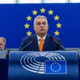 epa11650296 Hungarian Prime Minister Viktor Orban delivers his speech at a plenary session for the presentation of the programme of activities of the Hungarian Presidency at the European Parliament in Strasbourg, France, 09 October 2024.  EPA/CHRISTOPHE PETIT TESSON