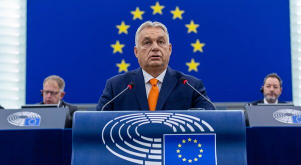 epa11650296 Hungarian Prime Minister Viktor Orban delivers his speech at a plenary session for the presentation of the programme of activities of the Hungarian Presidency at the European Parliament in Strasbourg, France, 09 October 2024.  EPA/CHRISTOPHE PETIT TESSON