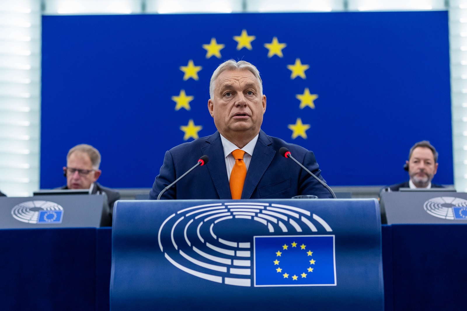 epa11650296 Hungarian Prime Minister Viktor Orban delivers his speech at a plenary session for the presentation of the programme of activities of the Hungarian Presidency at the European Parliament in Strasbourg, France, 09 October 2024.  EPA/CHRISTOPHE PETIT TESSON