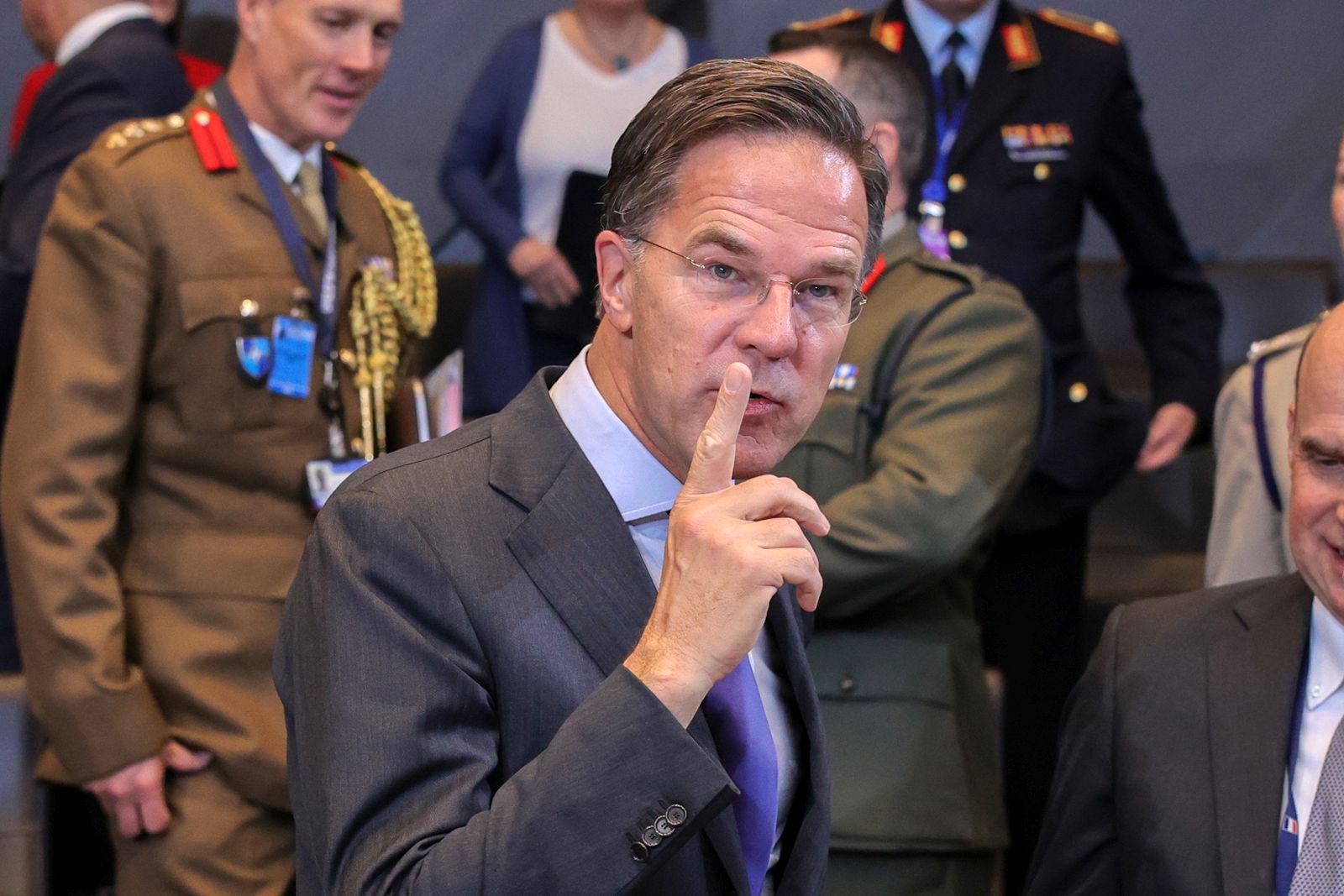 epa11665942 (L-R) Chair of the NATO Military Committee Admiral Rob Bauer, NATO Secretary General Mark Rutte and Supreme Allied Commander Europe General Christopher G. Cavoli attend the North Atlantic Treaty Organisation (NATO) Defense Ministers Council at NATO Headquarters in Brussels, Belgium, 18 October 2024. Allied Defence Ministers meet at NATO Headquarters in Brussels on 17 and 18 October 2024.  EPA/OLIVIER MATTHYS