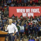 epa11676325 Former US President Barack Obama speaks during a campaign rally at Veterans Memorial Coliseum in Madison, Wisconsin, USA, 22 October 2024. Obama was with Minnesota Governor and Democratic vice presidential candidate Tim Walz at the event. Today is the first day of early voting in this year’s election in Wisconsin.  EPA/JEFFERY PHELPS