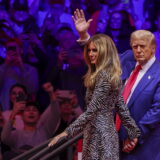 epaselect epa11688374 Former US President and Republican presidential candidate Donald Trump (R), departs with former First Lady Melania Trump (L), during a rally at Madison Square Garden in New York, New York, USA, 27 October 2024. Trump is facing US Vice President and Democratic presidential candidate Kamala Harris in the upcoming election on 05 November 2024.  EPA/SARAH YENESEL