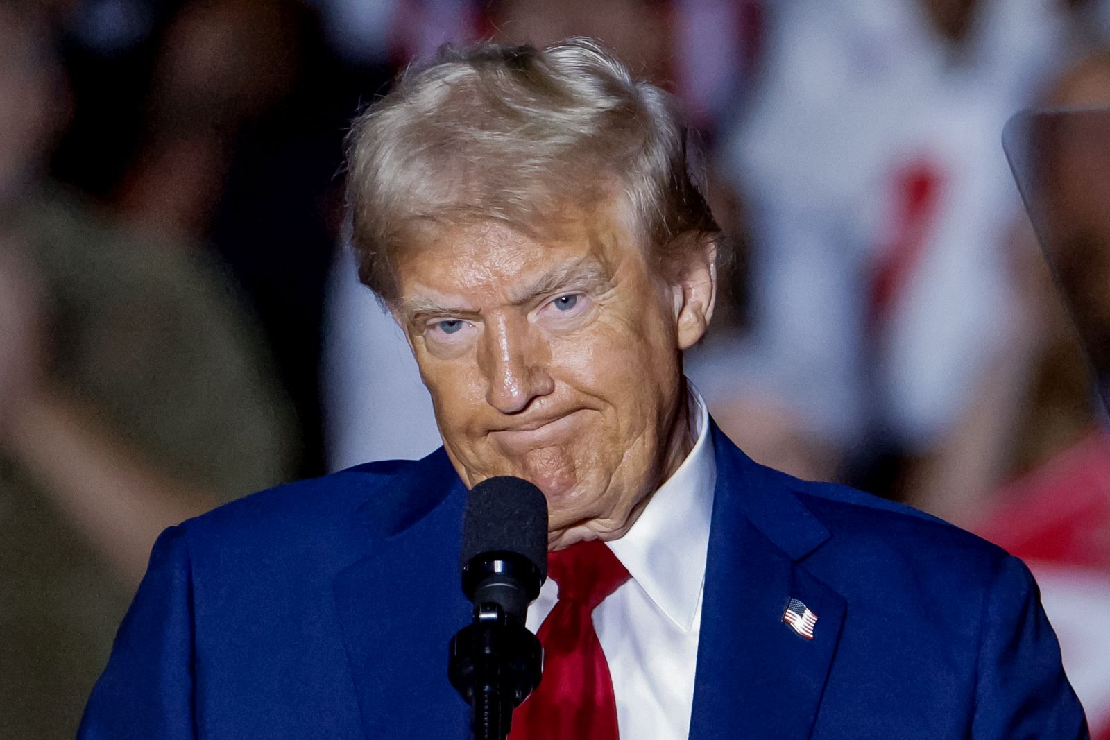 epa11689766 Former US president and Republican presidential nominee Donald Trump participates in a campaign event at McCamish Pavillion on the campus of Georgia Tech in Atlanta, Georgia, USA, 28 October 2024. Trump is running against Democratic US Vice President Kamala Harris in the presidential election being held on 05 November 2024.  EPA/ERIK S. LESSER