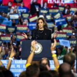 epa11693162 US Vice President and current Democratic presidential nominee Kamala Harris speaks at a campaign rally in Harrisburg, Pennsylvania, USA, 30 October 2024. With Election Day less than one week away, polls show the presidential race between Harris and Republican nominee Donald Trump is a toss up.  EPA/JIM LO SCALZO