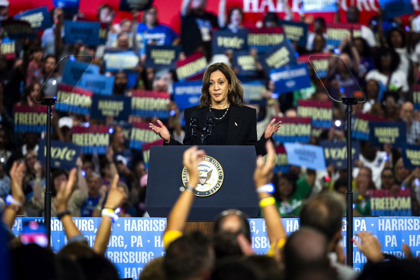 epa11693162 US Vice President and current Democratic presidential nominee Kamala Harris speaks at a campaign rally in Harrisburg, Pennsylvania, USA, 30 October 2024. With Election Day less than one week away, polls show the presidential race between Harris and Republican nominee Donald Trump is a toss up.  EPA/JIM LO SCALZO