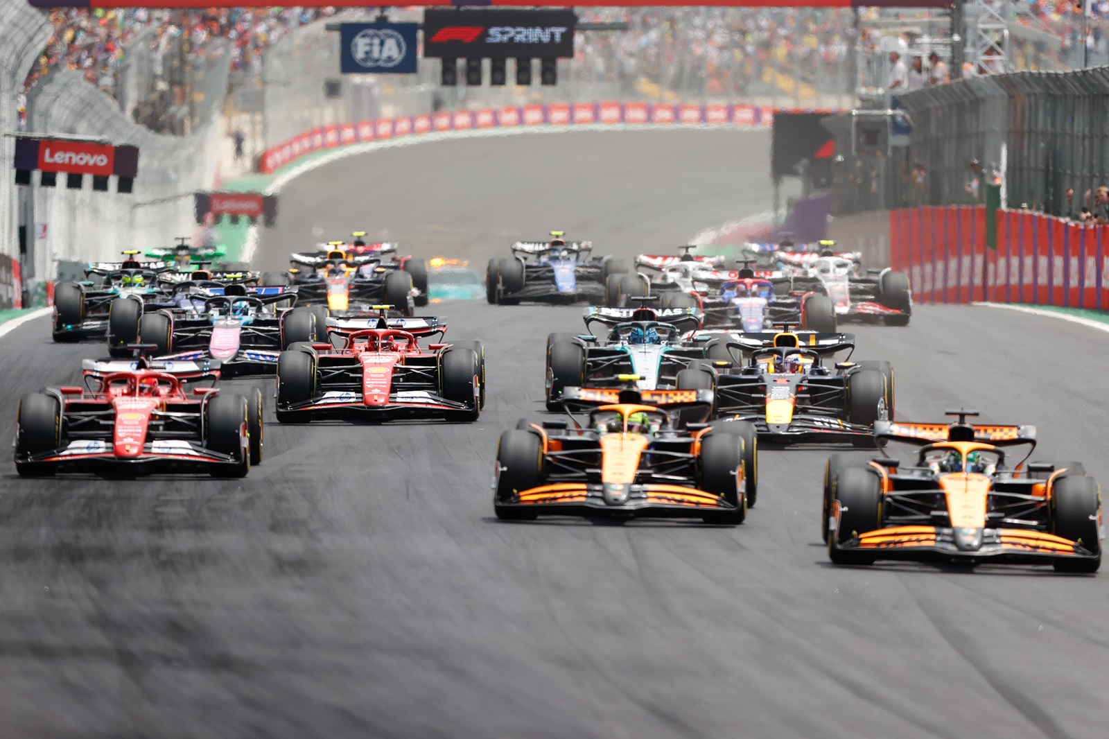 epa11697554 McLaren driver Oscar Piastri of Australia (r) leads the pack during the Sprint race in Interlagos, Sao Paulo, Brazil, 02 November 2024. The 2024 Formula One Grand Prix of Sao Paulo is held at the Autodromo Jose Carlos Pace race track in Sao Paulo on 03 November.  EPA/ANDRE COELHO