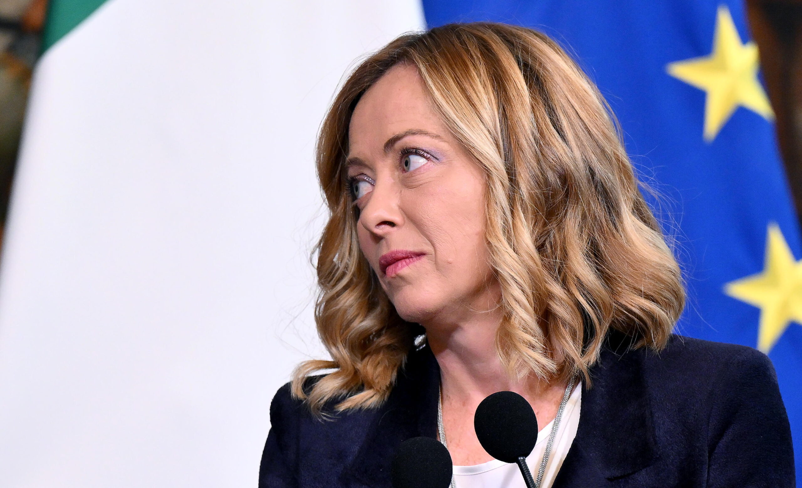 epa11702552 Italian Prime Minister Giorgia Meloni speaks during a joint press conference with NATO Secretary-General Mark Rutte (not pictured) following their meeting at the Chigi Palace in Rome, Italy, 05 November 2024. Rutte took office as the North Atlantic Treaty Organization's 14th Secretary General on 01 October 2024.  EPA/ETTORE FERRARI