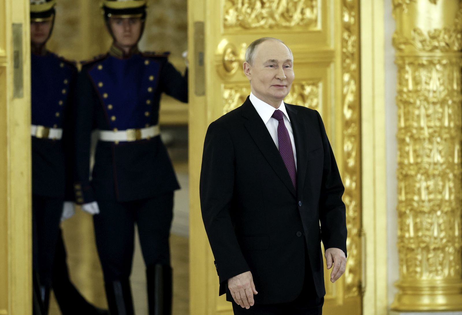 epa11702503 Russian President Vladimir Putin (R) attends a ceremonial presentation of credentials by ambassadors in Moscow, Russia, 05 November 2024. Twenty eight newly arrived ambassadors presented their credentials to the Russian President.  EPA/YURI KOCHETKOV