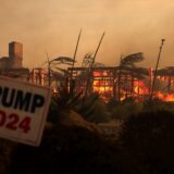 epaselect epa11706603 A home is consumed behind a Trump 2024 sign as the Mountain Fire burns in Camarillo, California, USA, 06 November 2024.  EPA/ALLISON DINNER