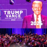 epa11704675 Supporters of Republican presidential candidate Donald Trump react to results of US 2024 presidential elections during the Election Night watch party in the West Palm Beach Convention Center in West Palm Beach, Florida, USA, 06 November 2024.  EPA/CRISTOBAL HERRERA-ULASHKEVICH