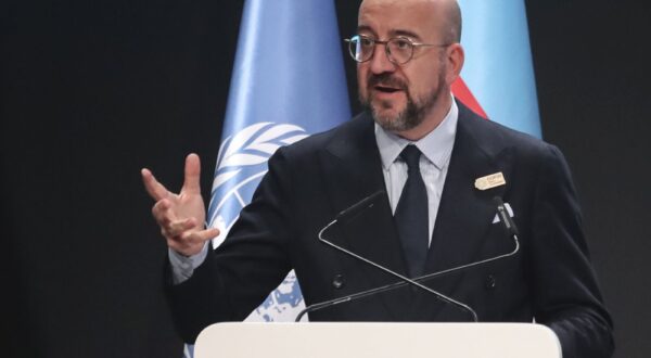 epa11716244 European Council President Charles Michel deliveries his speech at the UN Climate Change Conference COP29 in Baku, Azerbaijan, 12 November 2024. The Azerbaijani capital of Baku hosts the 2024 United Nations Climate Change Conference (COP29) from 11 to 22 November 2024.  EPA/IGOR KOVALENKO