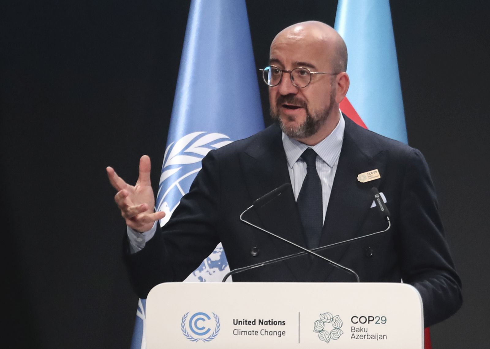 epa11716244 European Council President Charles Michel deliveries his speech at the UN Climate Change Conference COP29 in Baku, Azerbaijan, 12 November 2024. The Azerbaijani capital of Baku hosts the 2024 United Nations Climate Change Conference (COP29) from 11 to 22 November 2024.  EPA/IGOR KOVALENKO