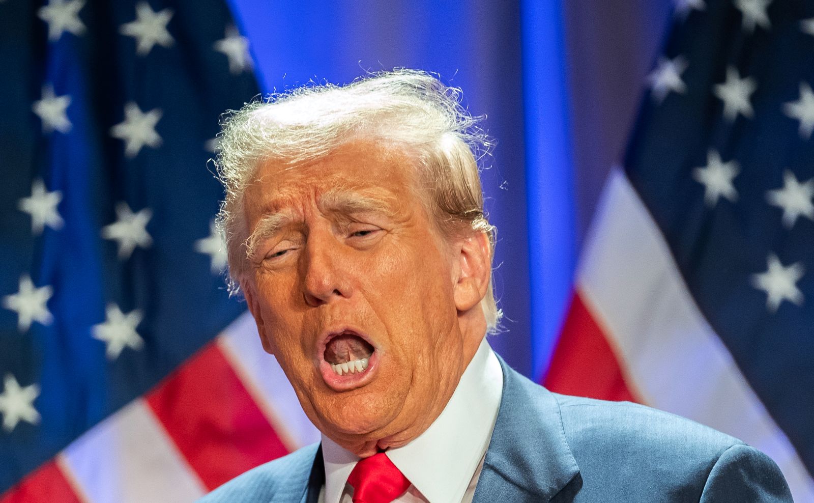 epa11719536 US President-elect Donald Trump gestures during a meeting with House Republicans at the Hyatt Regency hotel in Washington, DC, USA, 13 November 2024.  EPA/ALLISON ROBBERT / POOL