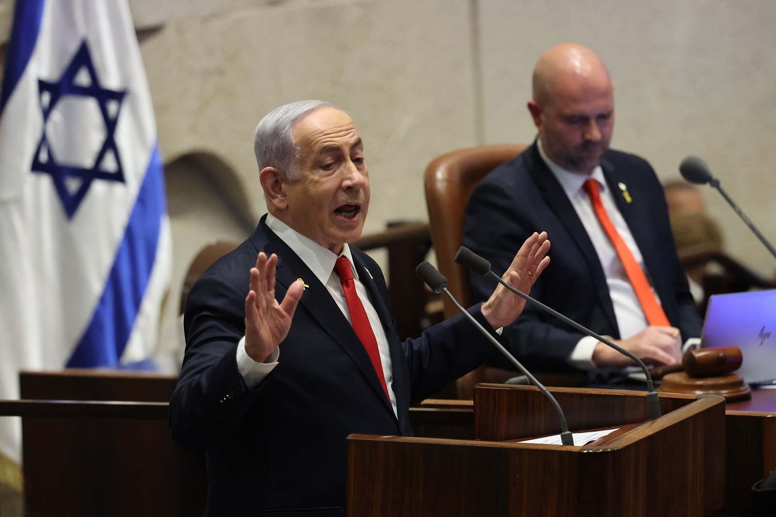 epa11727610 Israeli Prime Minister Benjamin Netanyahu speaks during a discussion called on by the opposition on the release of the Israeli hostages held by Hamas, at the Knesset in Jerusalem, Israel, 18 November 2024. According to Israel's military, around 100 Israeli hostages remain in captivity in the Gaza Strip, including the bodies of 33 confirmed dead.  EPA/ABIR SULTAN