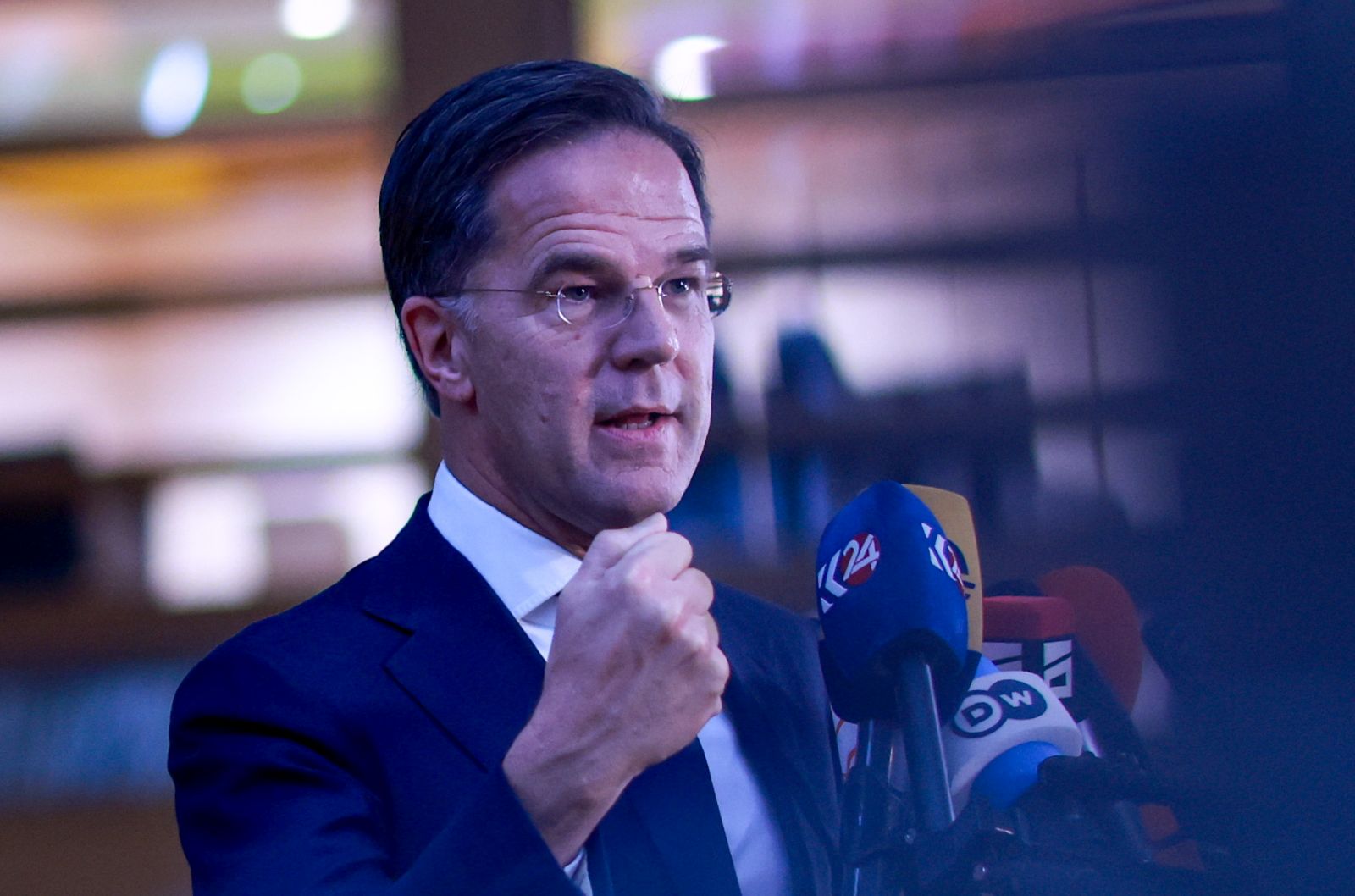 epa11728597 NATO Secretary General Mark Rutte speaks during meeting of the defence segment of the European Foreign Affairs Council, in Brussels, Belgium, 19 November 2024. The Council will discuss EU military support to Ukraine.  EPA/OLIVIER HOSLET