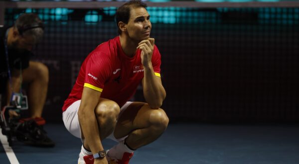 epaselect epa11730095 Rafa Nadal of Spain reacts during a tribute received after the Spanish doubles match against the Netherlands during the Davis Cup quarterfinal between Netherlands and Spain at the Jose Maria Martin Carpena Sports Palace in Malaga, Spain, 19 November 2024.  EPA/JORGE ZAPATA