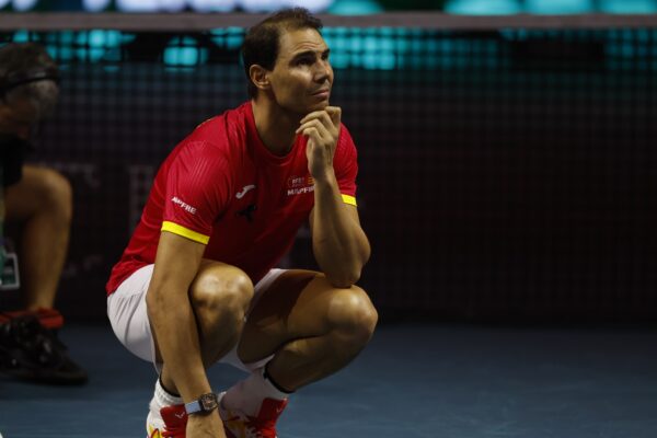 epaselect epa11730095 Rafa Nadal of Spain reacts during a tribute received after the Spanish doubles match against the Netherlands during the Davis Cup quarterfinal between Netherlands and Spain at the Jose Maria Martin Carpena Sports Palace in Malaga, Spain, 19 November 2024.  EPA/JORGE ZAPATA