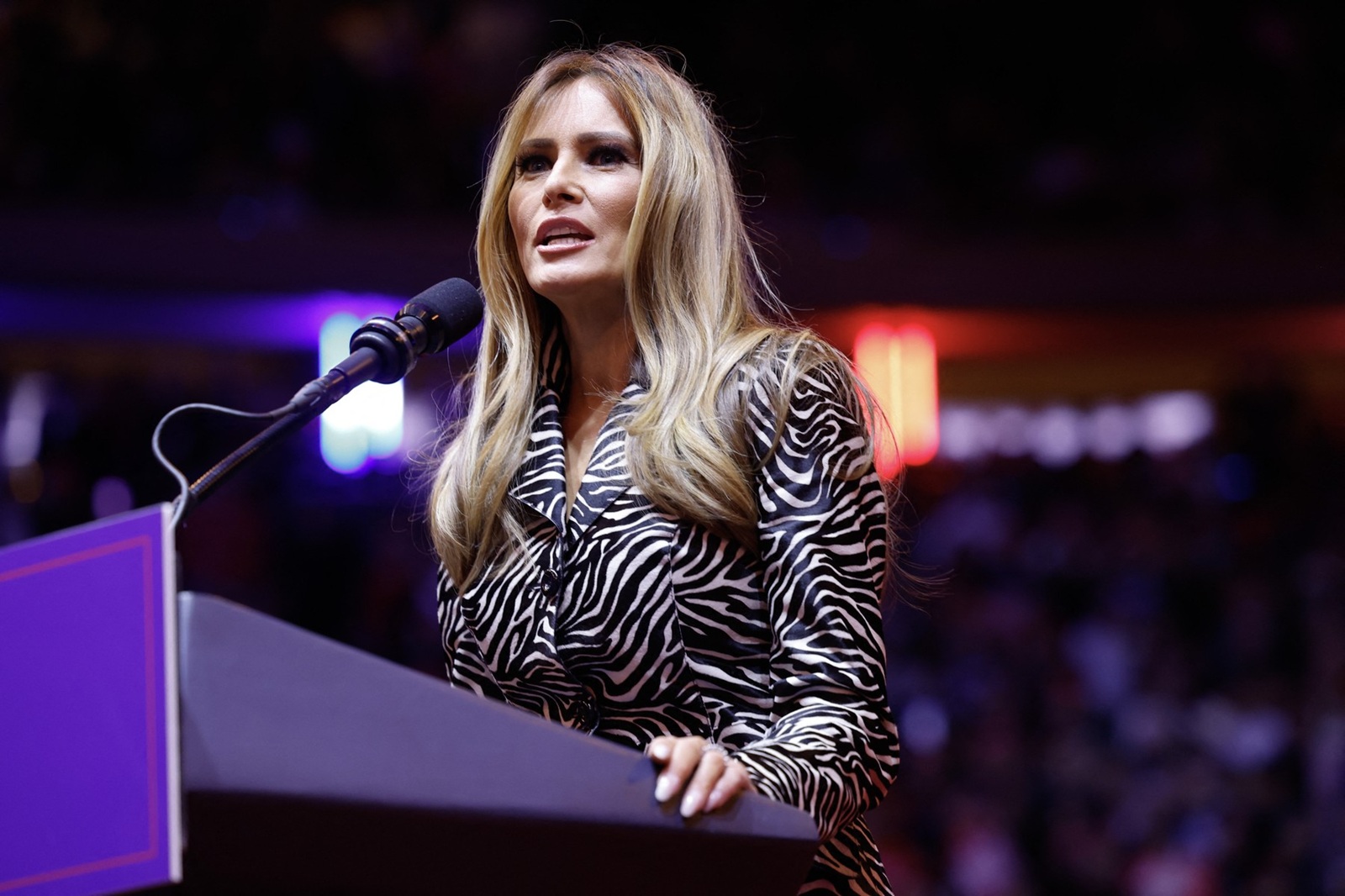 NEW YORK, NEW YORK - OCTOBER 27: Melania Trump speaks during a campaign rally for Republican presidential nominee, former U.S. President Donald Trump at Madison Square Garden on October 27, 2024 in New York City. Trump closed out his weekend of campaigning in New York City with a guest list of speakers that includes his running mate Republican Vice Presidential nominee, U.S. Sen. J.D. Vance (R-OH), Tesla CEO Elon Musk, UFC CEO Dana White, and House Speaker Mike Johnson, among others, nine days before Election Day.   Anna Moneymaker,Image: 927206000, License: Rights-managed, Restrictions: , Model Release: no, Credit line: Anna Moneymaker / Getty images / Profimedia