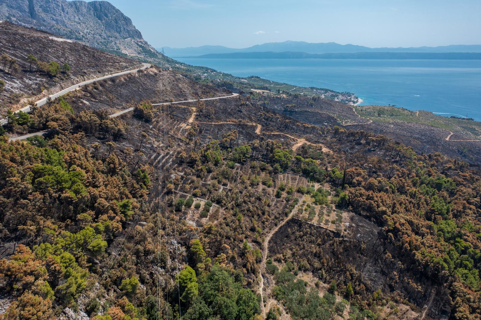 03.08.2024. Gornje Tucepi
Fotografije iz zraka opožarenog podrucja od Tucepi do Gornje Podgore i Parka prirode Biokovo. Photo: Matko Begovic/PIXSELL