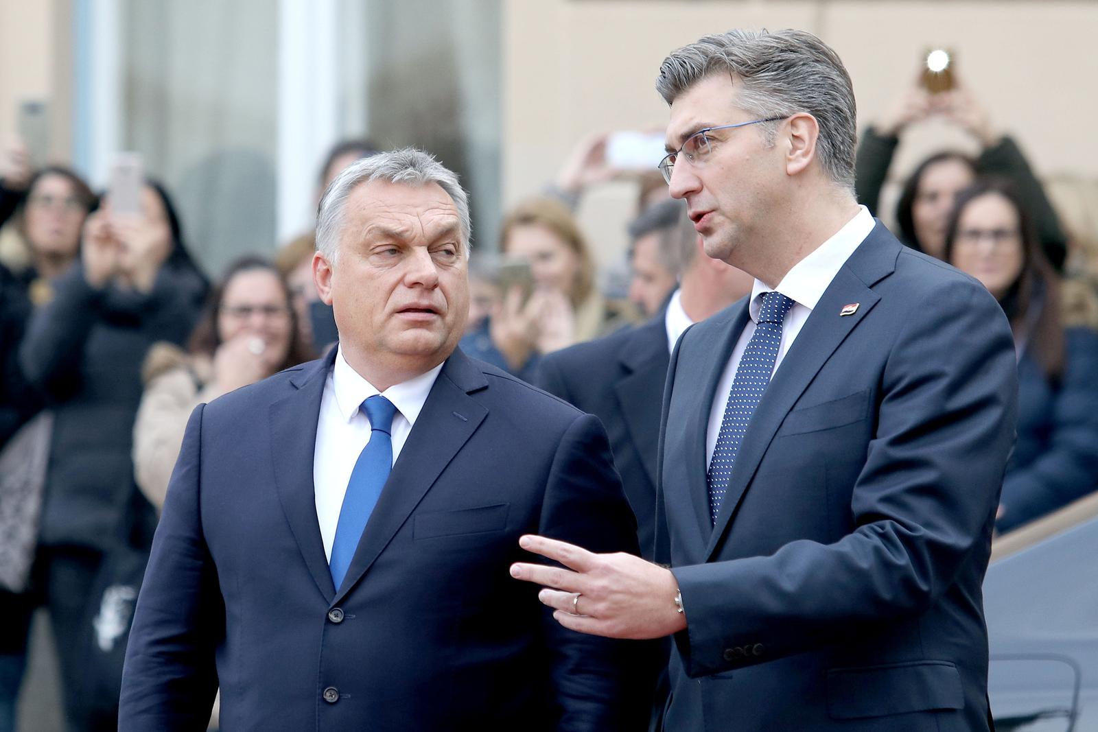 03.12.2018., Zagreb - U povodu sastanka na vrhu Srednjoeuropske inicijative predsjednik Vlade Andrej Plenkovic primio je u Banskim dvorima predsjednika vlade Madjarske Viktora Orbana. Photo: Patrik Macek/PIXSELL