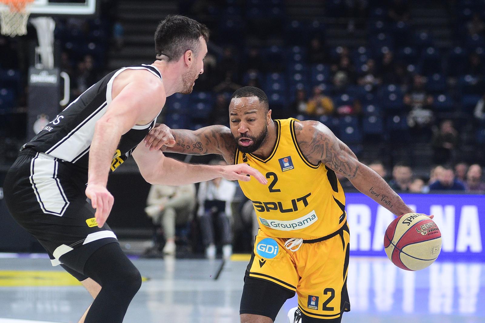 05, February, 2024, Belgrade - The match of the 19th round of AdmiralBet ABA League between KK Partizan Mozzart Bet and KK Split was played in Stark Arena. Frank Kaminsky, #44 (KK Partizan Mozzart Bet), Shannon Shorter, #2 (KK Split). Photo: Dusan Milenkovic/ATAImages

05, februar, 2024, Beograd - Utakmica 19. kola AdmiralBet ABA League izmedju KK Partizan Mozzart Bet i KK Split odigrana je u Stark areni. Photo: Dusan Milenkovic/ATAImages Photo: Dusan Milenkovic/ATAImages/PIXSELL