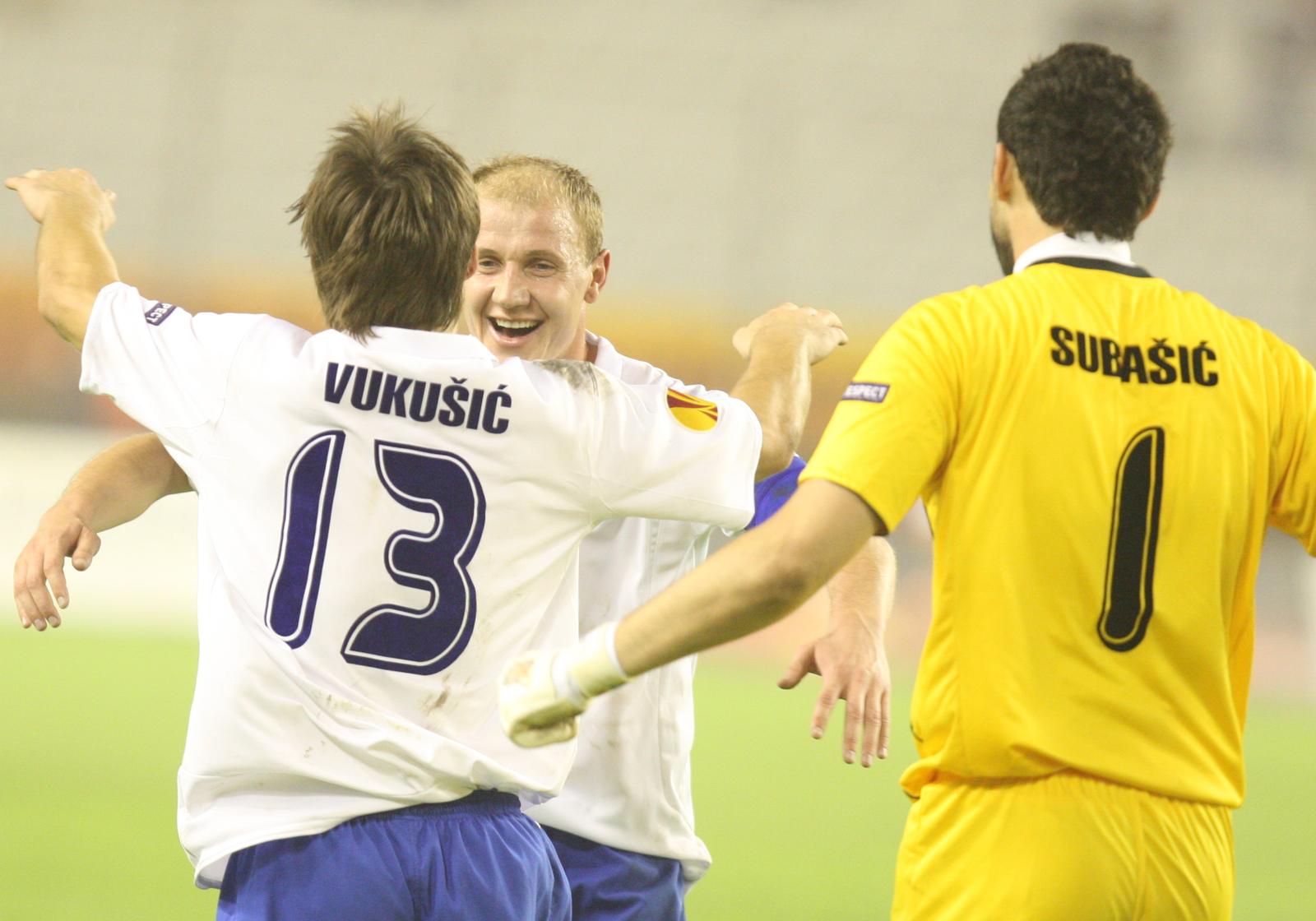 30.09.2010., Poljud, Split - Utakmica 2. kola Europske lige, Hajduk - Anderlecht. Veselje igraca Hajduka. rPhoto: Ivo Cagalj/PIXSELL