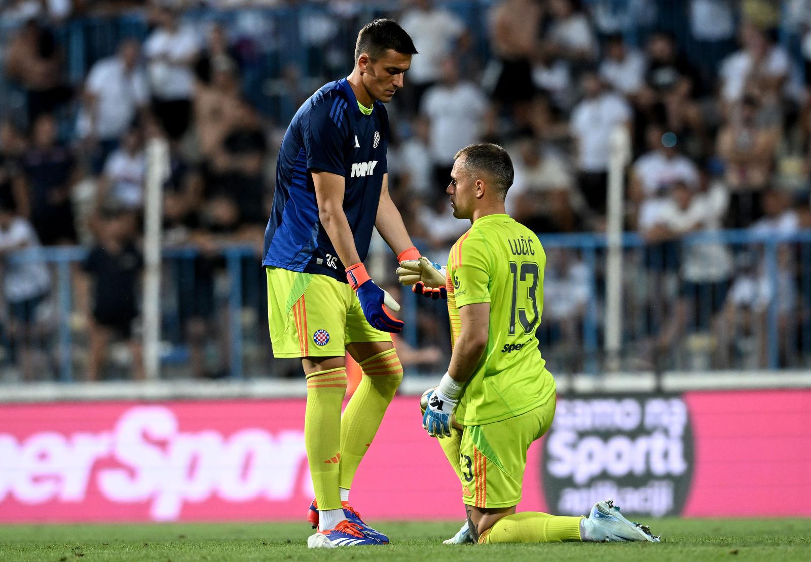 11.08.2024., stadion Zagreb, Zagreb - SuperSport HNL, 02. kolo, NK Lokomotiva - HNK Hajduk. Ivan Lucic, Lovre Kalinic Photo: Marko Lukunic/PIXSELL