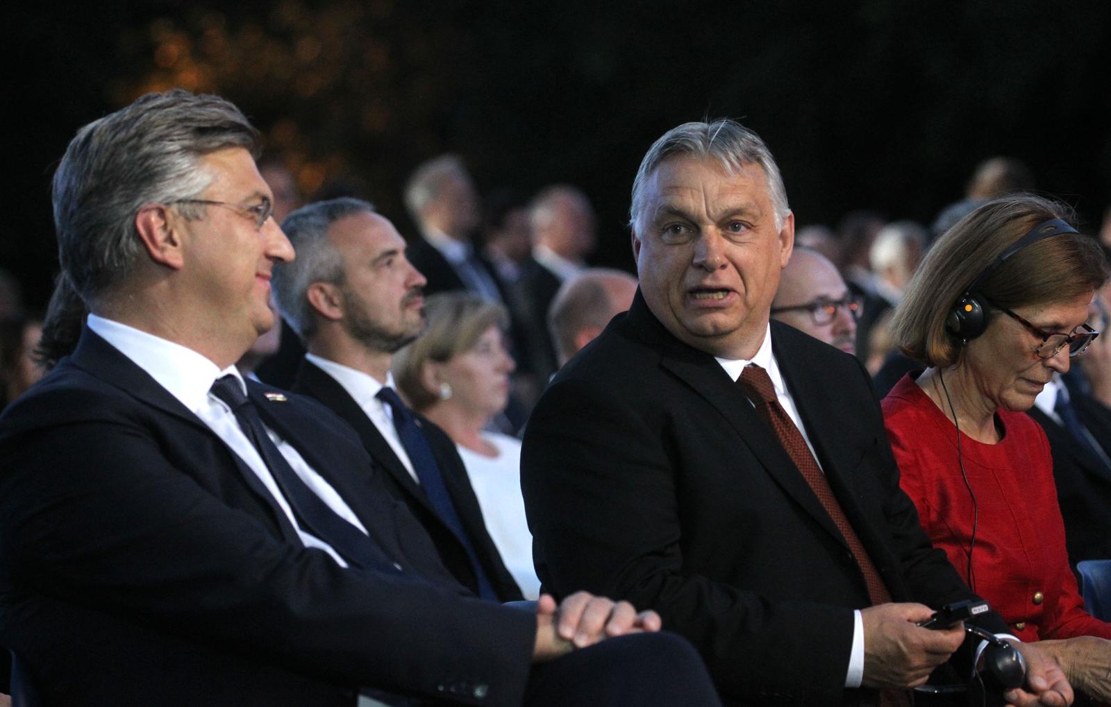 25.06.2021., Ljubljana, Slovenija - Svecanosti u povodu obiljezavanja Dana drzavnosti Republike Slovenije i preuzimanja slovenskog predsjedanja Vijecem Europske unije. Andrej Plenkovic, Viktor Orban."nPhoto: Srdjan Zivulovic/FA Bobo/PIXSELL