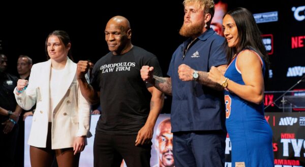 FILE PHOTO: Boxers Mike Tyson, Jake Paul, Katie Taylor, and Amanda Serrano attend a news conference, ahead of their postponed professional fight which was set to take place at AT&T Stadium in Arlington, Texas on July 20, in New York City, U.S., May 13, 2024. REUTERS/David 'Dee' Delgado/File Photo Photo: David Dee Delgado/REUTERS