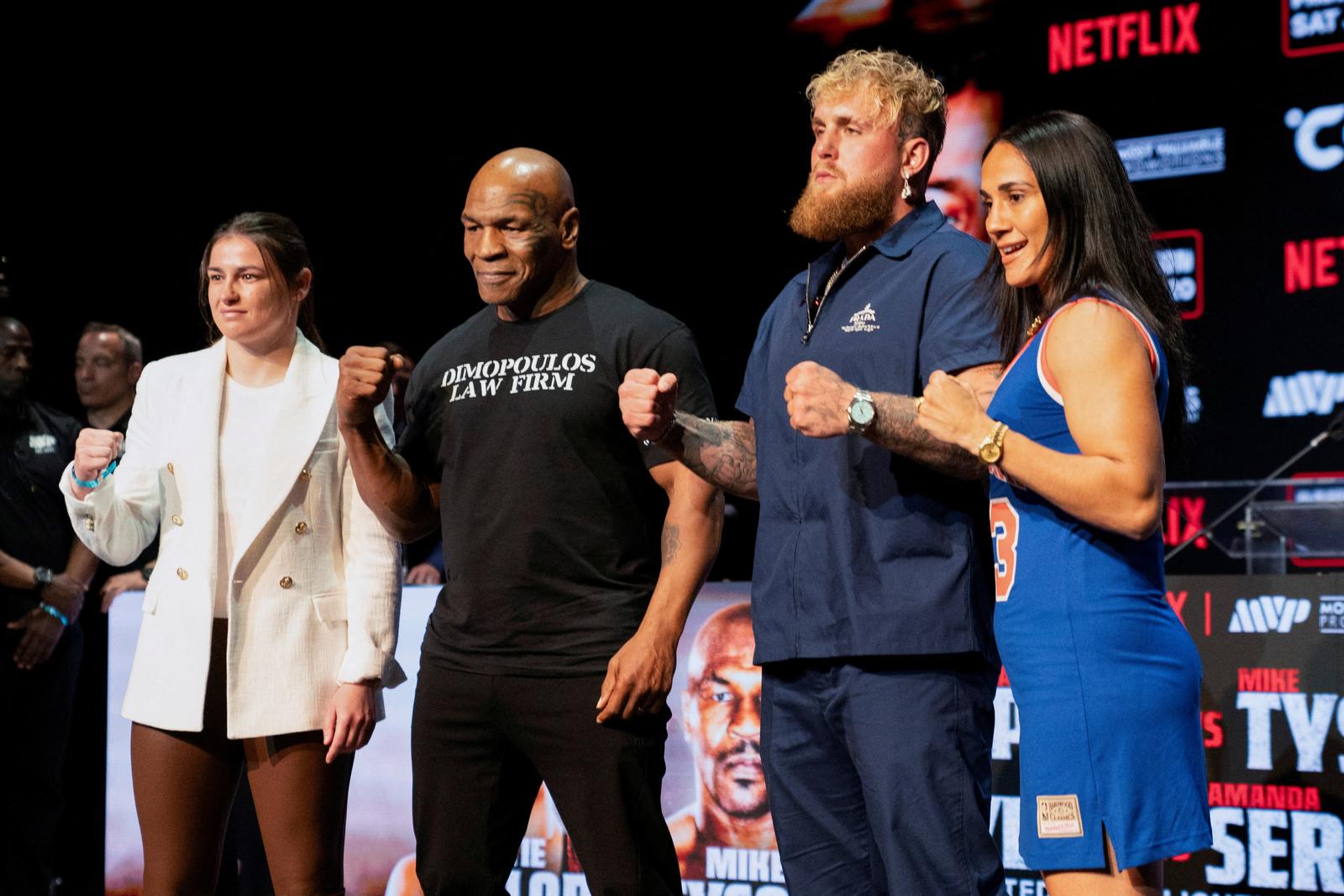 FILE PHOTO: Boxers Mike Tyson, Jake Paul, Katie Taylor, and Amanda Serrano attend a news conference, ahead of their postponed professional fight which was set to take place at AT&T Stadium in Arlington, Texas on July 20, in New York City, U.S., May 13, 2024. REUTERS/David 'Dee' Delgado/File Photo Photo: David Dee Delgado/REUTERS