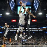 Nov 2, 2024; San Antonio, Texas, USA; San Antonio Spurs center Victor Wembanyama (1) blocks the shot attempted by Minnesota Timberwolves center Rudy Gobert (27) during the first half at Frost Bank Center. Mandatory Credit: Scott Wachter-Imagn Images Photo: Scott Wachter/REUTERS