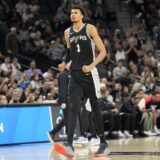 Nov 13, 2024; San Antonio, Texas, USA; San Antonio Spurs center Victor Wembanyama (1) reacts during the second half against the Washington Wizards at Frost Bank Center. Mandatory Credit: Scott Wachter-Imagn Images Photo: Scott Wachter/REUTERS