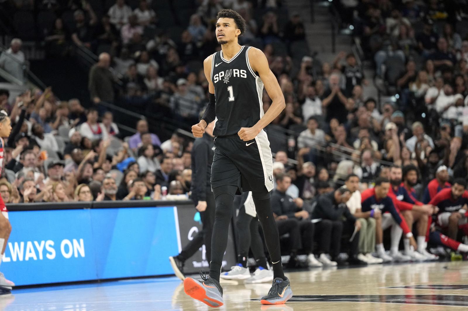 Nov 13, 2024; San Antonio, Texas, USA; San Antonio Spurs center Victor Wembanyama (1) reacts during the second half against the Washington Wizards at Frost Bank Center. Mandatory Credit: Scott Wachter-Imagn Images Photo: Scott Wachter/REUTERS