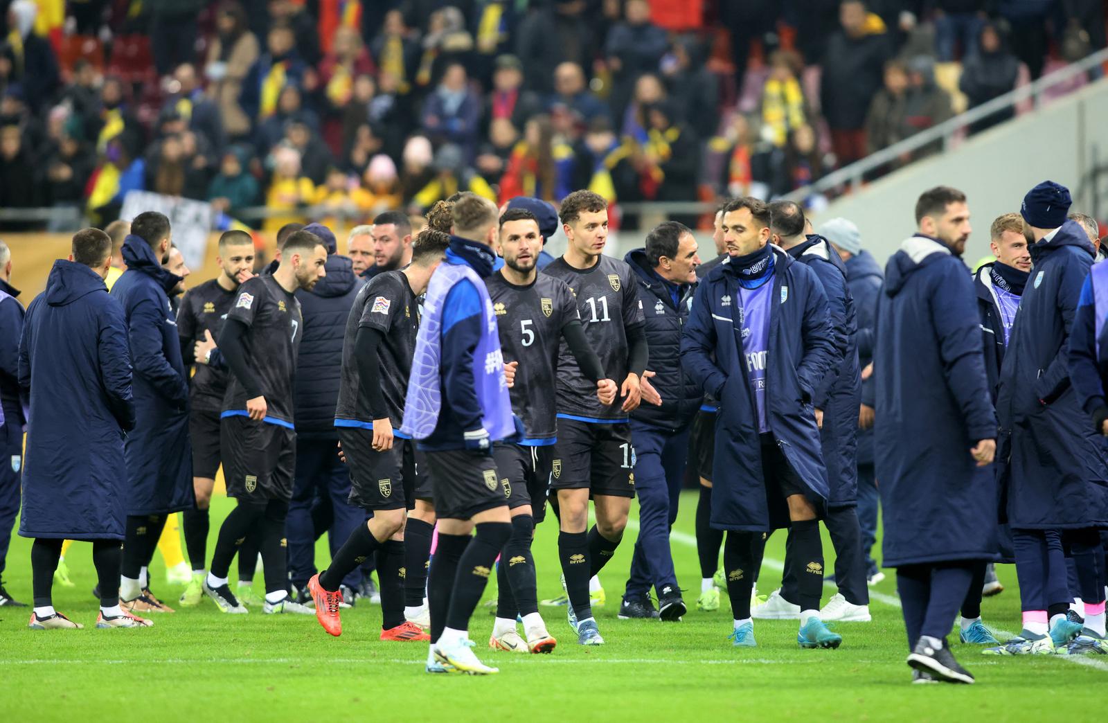 Soccer Football - Nations League - Group Stage - Romania v Kosovo - The National Arena, Bucharest, Romania - November 15, 2024 Kosovo's Lumbardh Dellova and teammates walk off the pitch before the end of the match Inquam Photos via REUTERS/George Calin ROMANIA OUT. NO COMMERCIAL OR EDITORIAL SALES IN ROMANIA. THIS IMAGE HAS BEEN SUPPLIED BY A THIRD PARTY. Photo: GEORGE CALIN/REUTERS