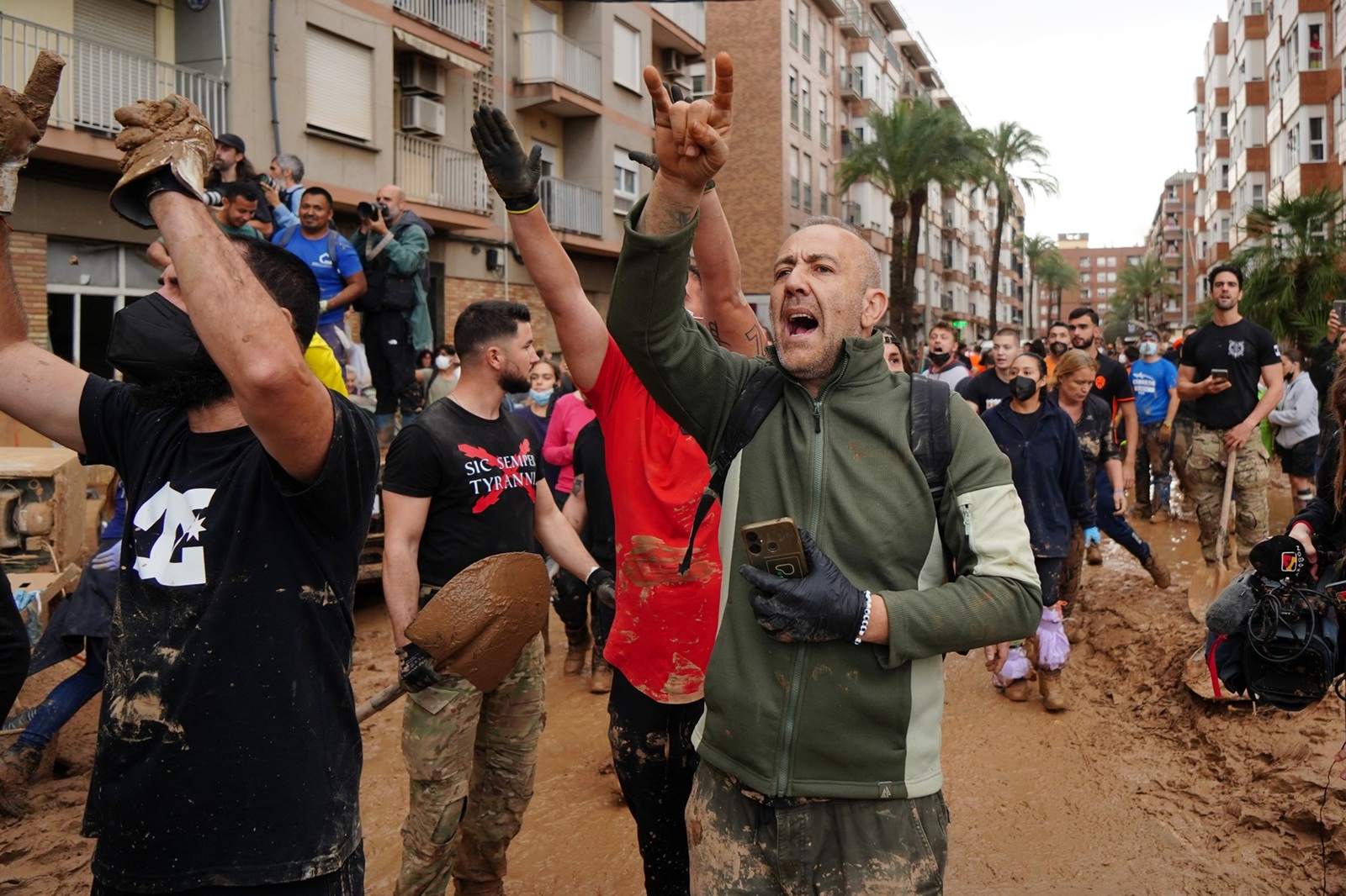 Angry residents of Paiporta shout during King Felipe VI of Spain's visit to this town, in the region of Valencia, eastern Spain, on November 3, 2024, in the aftermath of devastating deadly floods. A delegation led by Spain's king and prime minister was heckled today as it visited the Valencia region hit by deadly floods, with some screaming "assassins" and others throwing mud, according to AFP journalists on the scene. King Felipe VI and Queen Letizia visited the town of Paiporta, one of the most affected by the floods that have killed more than 200 people, alongside Prime Minister Pedro Sanchez and other officials.,Image: 929894944, License: Rights-managed, Restrictions: , Model Release: no, Credit line: Manaure Quintero / AFP / Profimedia