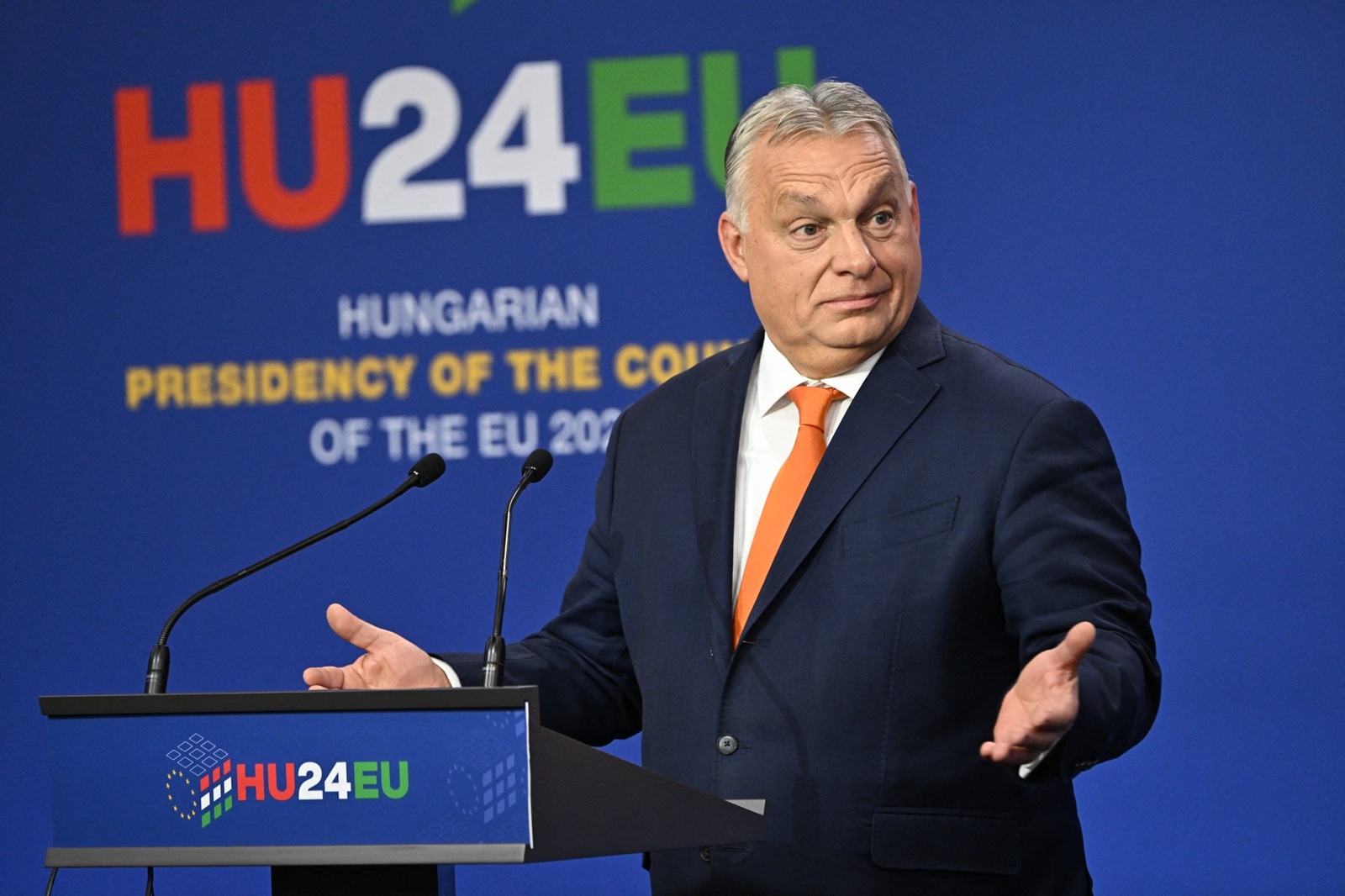 Hungary's Prime Minister Viktor Orban attends a joint press conference with the European Council President and President of the European Commission at the end of an Informal Meeting of Heads of State or Government of the European Union in Budapest, Hungary, on November 8, 2024. The fifth meeting of the European Political Community will see leaders from across Europe in Budapest and will address security challenges, including the war in Ukraine and the ongoing escalation in the Middle East.,Image: 931960920, License: Rights-managed, Restrictions: , Model Release: no, Credit line: Attila KISBENEDEK / AFP / Profimedia