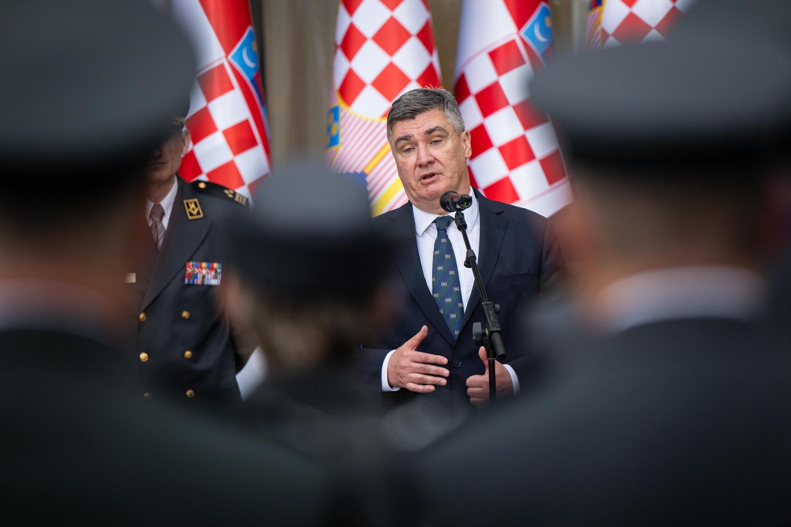 28.05.2024., Zagreb - Predsjednik Republike i vrhovni zapovjednik Oruzanih snaga Republike Hrvatske uprilicio je svecani prijam u Uredu predsjednika RH u prigodi obiljezavanja Dana Hrvatske vojske, Dana Hrvatske kopnene vojske i 33. obljetnice ustrojavanja Hrvatske vojske. Tim povodom Predsjednik Republike urucio je odlikovanja i promaknuca pripadnicima Oruzanih snaga Republike Hrvatske. predsjednik Republike Hrvatske Zoran Milanovic Photo: Neva Zganec/PIXSELL